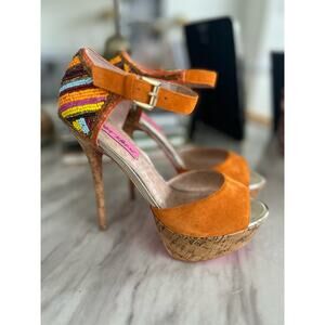 Betsey Johnson Izabell Orange Suede Beaded Cork Platform Heel
